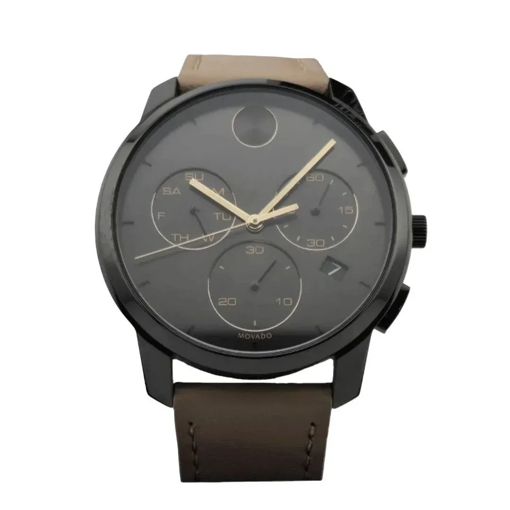Movado Bold Chronograph 3600719 Black Dial Beige Leather Strap Watch NIB $695